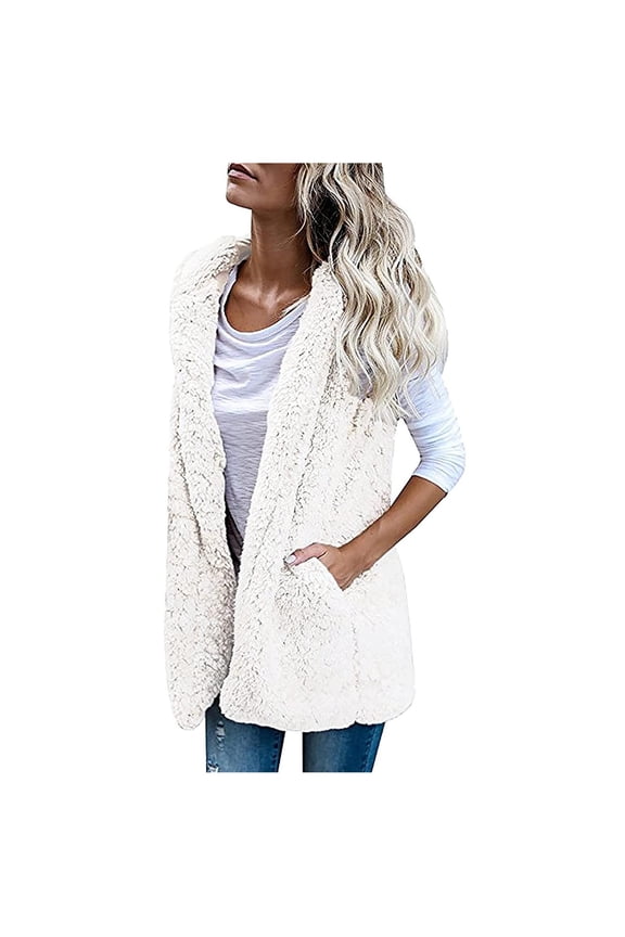 Women Solid Pocket Color Jacket Plush Sleeveless Lapel Vest Loose Coat Top