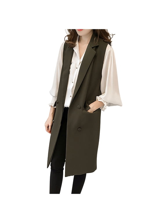 Women Suit Vest Coat Pocket Winter Sleeveless Trun-down Collar Solid Outerwear Army Green XL