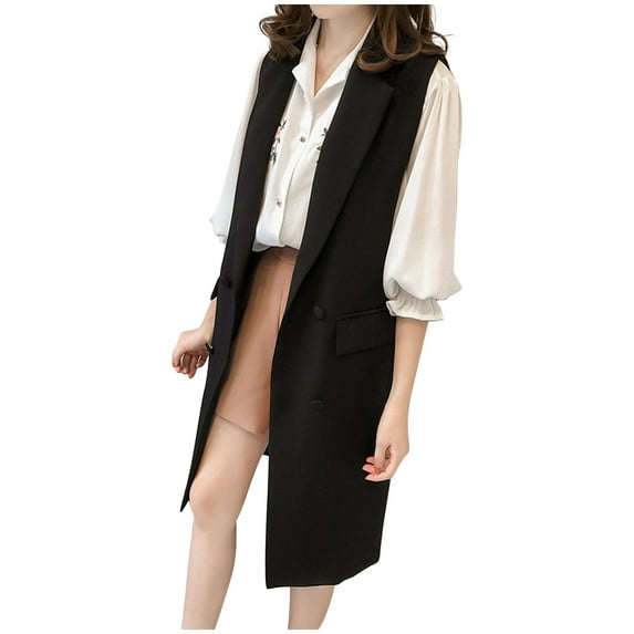 Lyinloo Women Suit Vest Coat Pocket Winter Sleeveless Trun-down Collar Solid Outerwear Black M