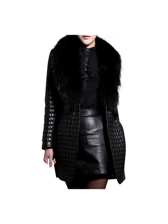Women Winter Faux Leather Fur Long Sleeve Coat Jacket Outerwear Long Overcoat Black XXXL