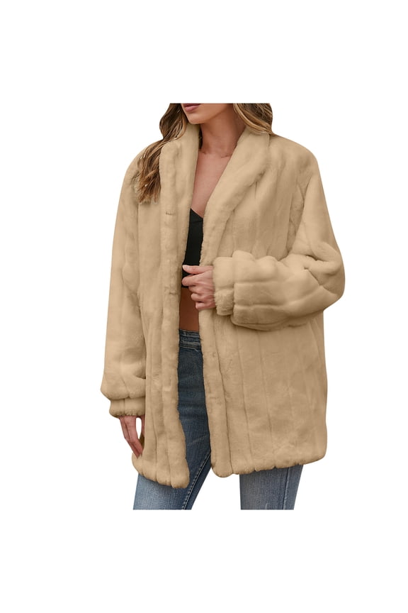 Women Winter Warm Coats Faux Coat Warm Furry Faux Jacket Long Sleeve Outerwear Beige XL