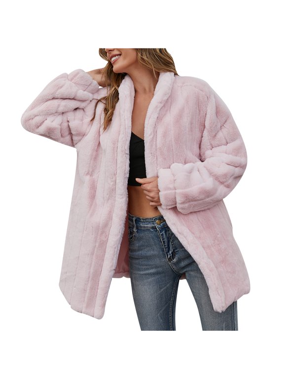 Women Winter Warm Coats Faux Coat Warm Furry Faux Jacket Long Sleeve Outerwear Pink XL