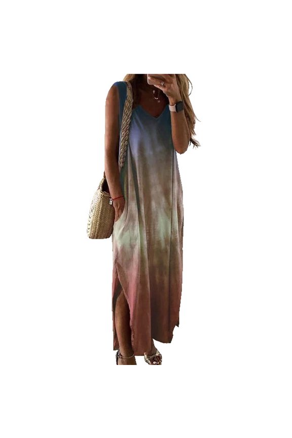 Women's Casual V-Neck Pockets Printed Short Sleeve Dress Fold Long Dress Light Blue XXXL