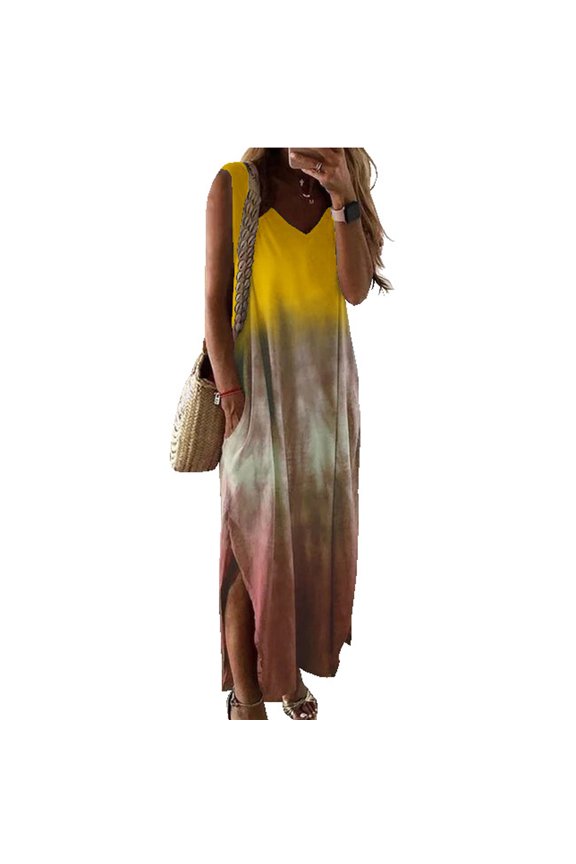 Women's Casual V-Neck Pockets Printed Short Sleeve Dress Fold Long Dress Yellow L