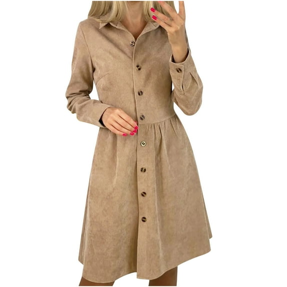 Lyinloo Women's Fashion Casual Lapel Solid Color Single-breasted Long Sleeve Dress Khaki S