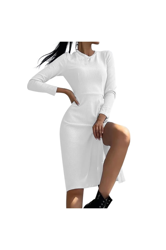 Women's Fashion Casual Round Neck Slim Slit Solid Color Long Sleeve Dress White XL