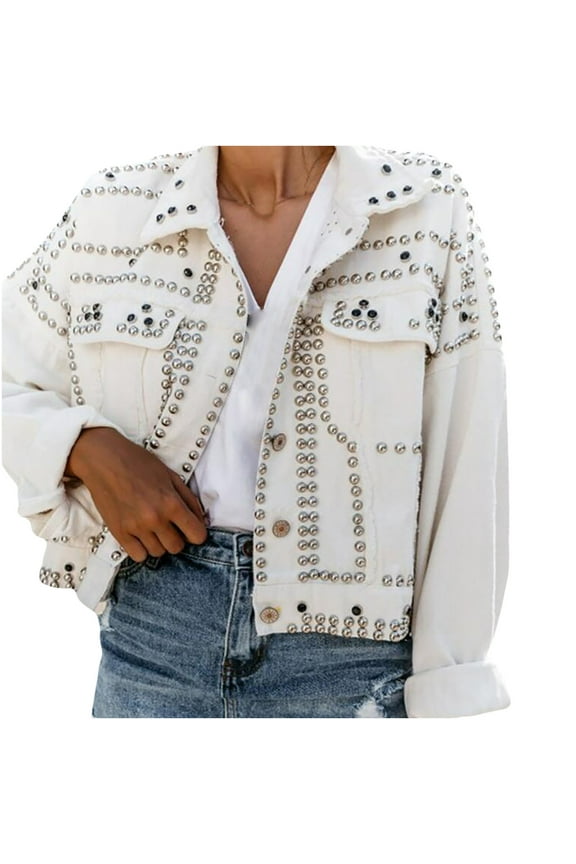 Women's Fashion Short Wash Denim Locomotive Wind Jacket White XXXL