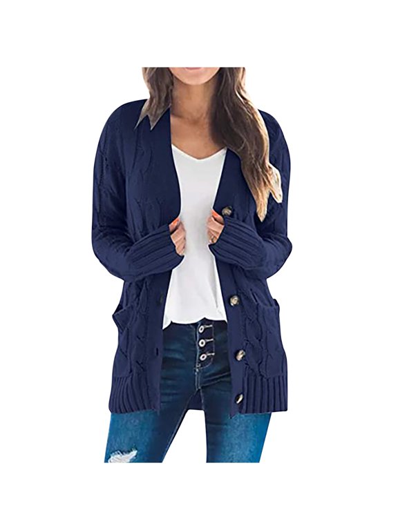 Women's Knit Cardigans Loose Slouchy Oversized Wrap Chunky Pocket Sweaters Coat Navy L