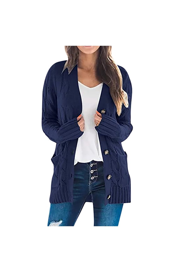 Women's Knit Cardigans Loose Slouchy Oversized Wrap Chunky Pocket Sweaters Coat Navy L