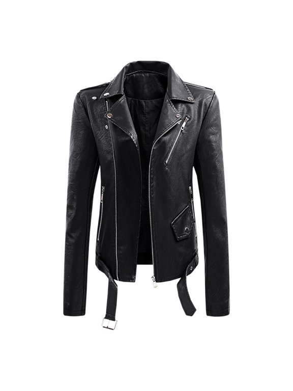 Women's Lapel Collar Button Motorcycle Jacket Leather Short Jacket Coat Black M