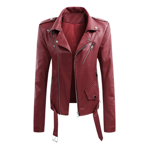 Lyinloo Women's Lapel Collar Button Motorcycle Jacket Leather Short Jacket Coat Red M