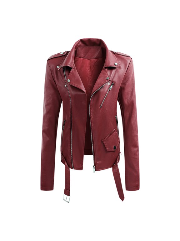 Women's Lapel Collar Button Motorcycle Jacket Leather Short Jacket Coat Red XXL