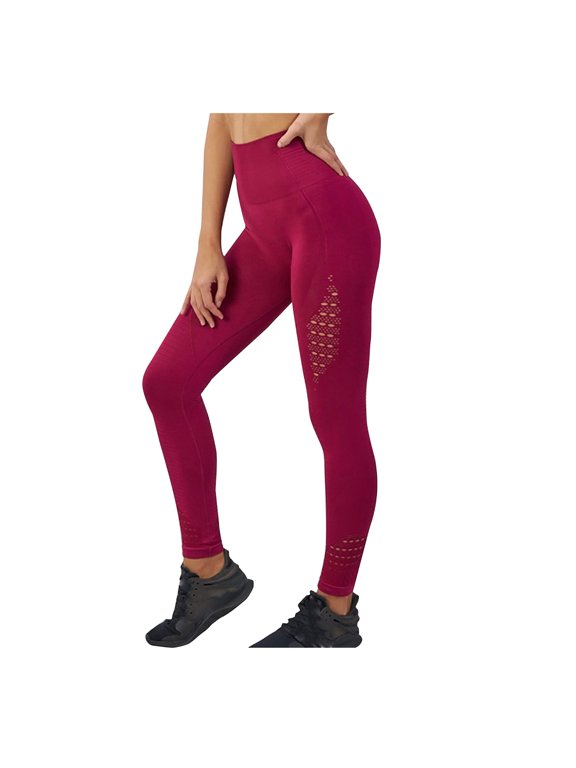 Women's Solid Color Hollow Fitness Trousers Breathable Buttocks Yoga Pants Wine S