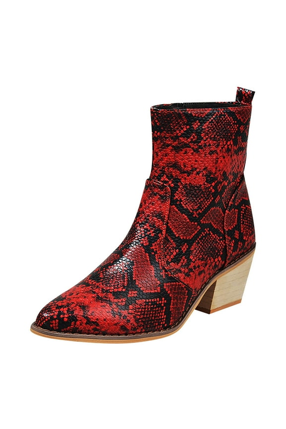 Women's Square Heel Mid Heel Zipper Serpentine Low Tube Boots Shoes Red 35
