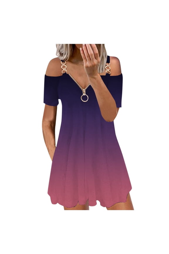 Women's Summer Cold Shoulder Dresses Short Sleeve Zipper V Neck Short Dress Purple XXL