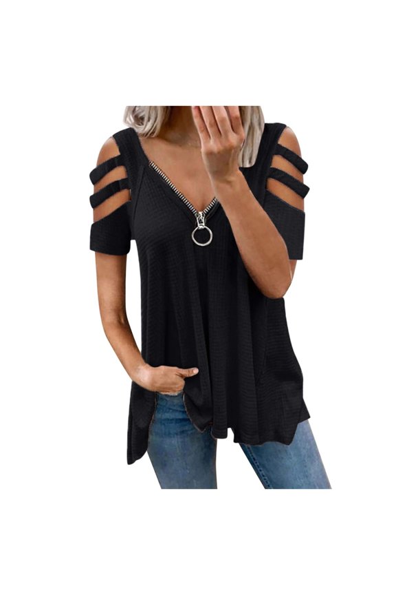 Women's Summer Short Sleeves?-Neck Zipper Leopard Hollow Out T-Shirt Blouse Tops Black S