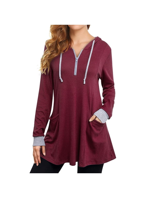 Women's Thin Tunic Hoodies Long Sleeve Zip Up Sweatshirts Pullover Blouse Tops Wine XL