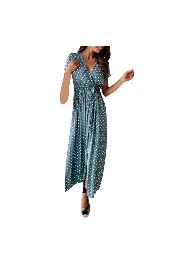 Women's V-neck Bohemian Polka Dot Print Short Sleeve Dress Long Skirt Blue XXL