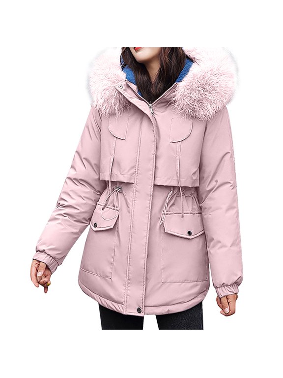 Women's Winter Thickening And Velvet Keeping Warm Casual Coat With Hat Pink XXL