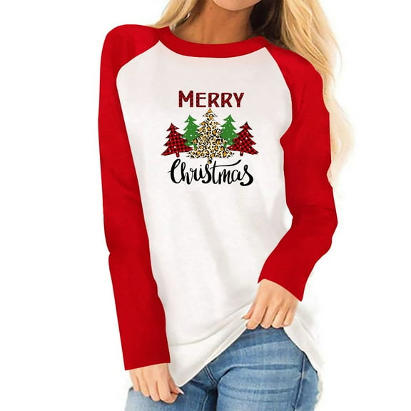 Lyinloo Womens Christmas Shirt Holiday Season-Gift For Lover Long Sleeve T-Shirt Ladies Fit Color Matching Stitching T-Shirt