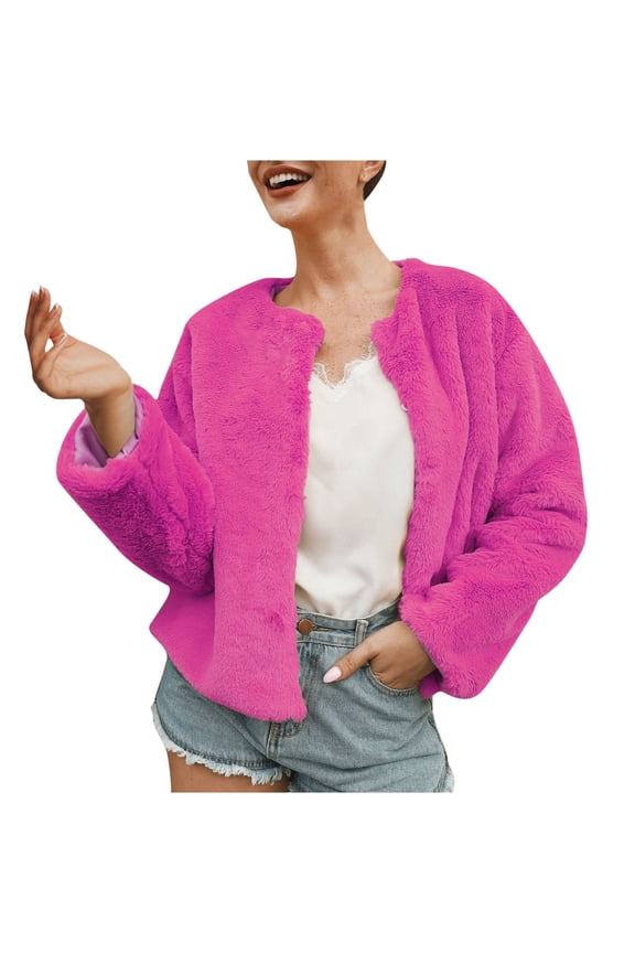 Womens Ladies Solid Warm Faux Coat Jacket Winter Turn Down Collar Short Outerwear Hot Pink XXXL