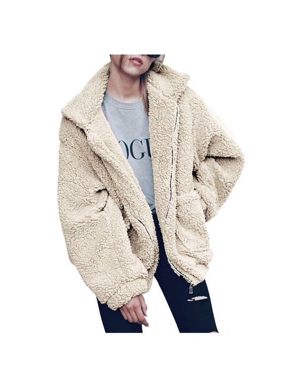 Womens Ladies Warm Faux Furry Coat Jacket Winter Oversized Turn Down Collar Outerwear White M