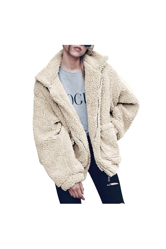 Womens Ladies Warm Faux Furry Coat Jacket Winter Oversized Turn Down Collar Outerwear White M