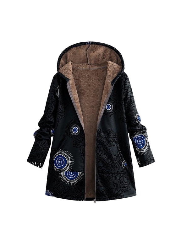 Womens Winter Warm Outwear Print Hooded Pockets Vintage Oversize Coats Black XXXXL