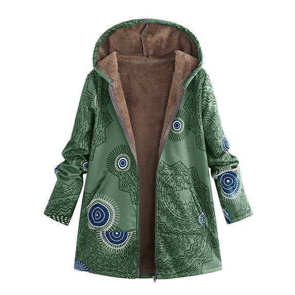 Lyinloo Womens Winter Warm Outwear Print Hooded Pockets Vintage Oversize Coats Green S