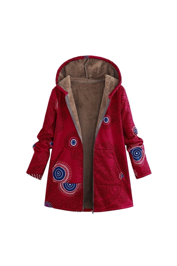 Womens Winter Warm Outwear Print Hooded Pockets Vintage Oversize Coats Red XXXXL