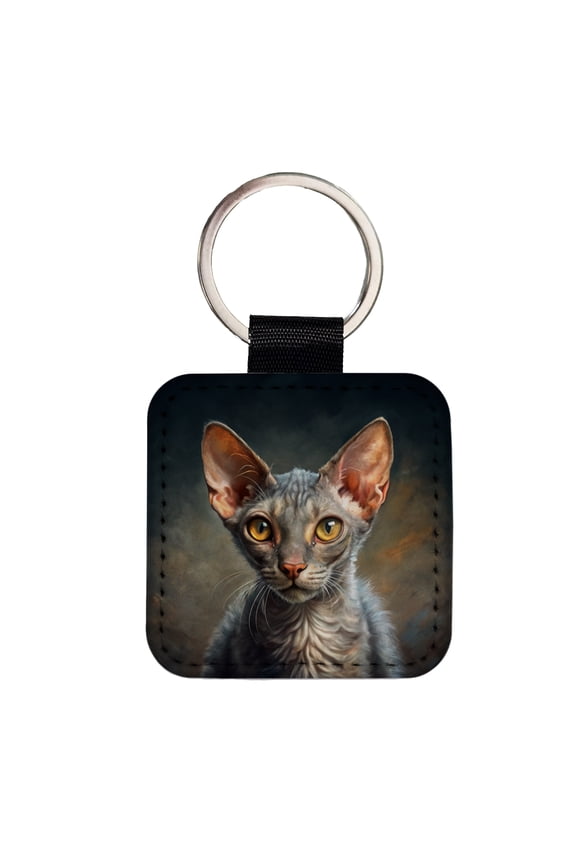 Lykoi Wolf Cat Illustration Faux Leather Square Keychain