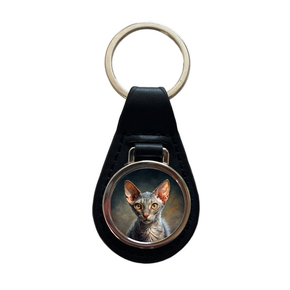 Lykoi Wolf Cat Illustration Metal Black Leather Keychain