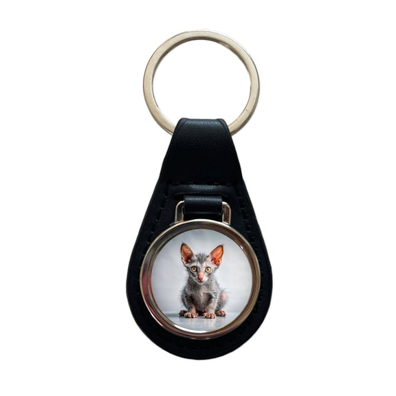 Lykoi Wolf Cat Kitten Photo Metal Black Leather Keychain
