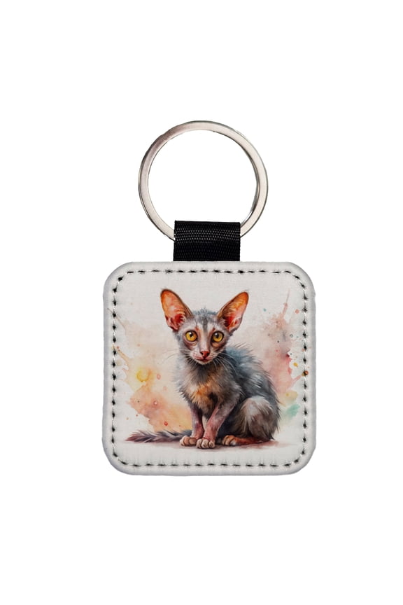 Lykoi Wolf Cat Watercolor Style Faux Leather Square Keychain
