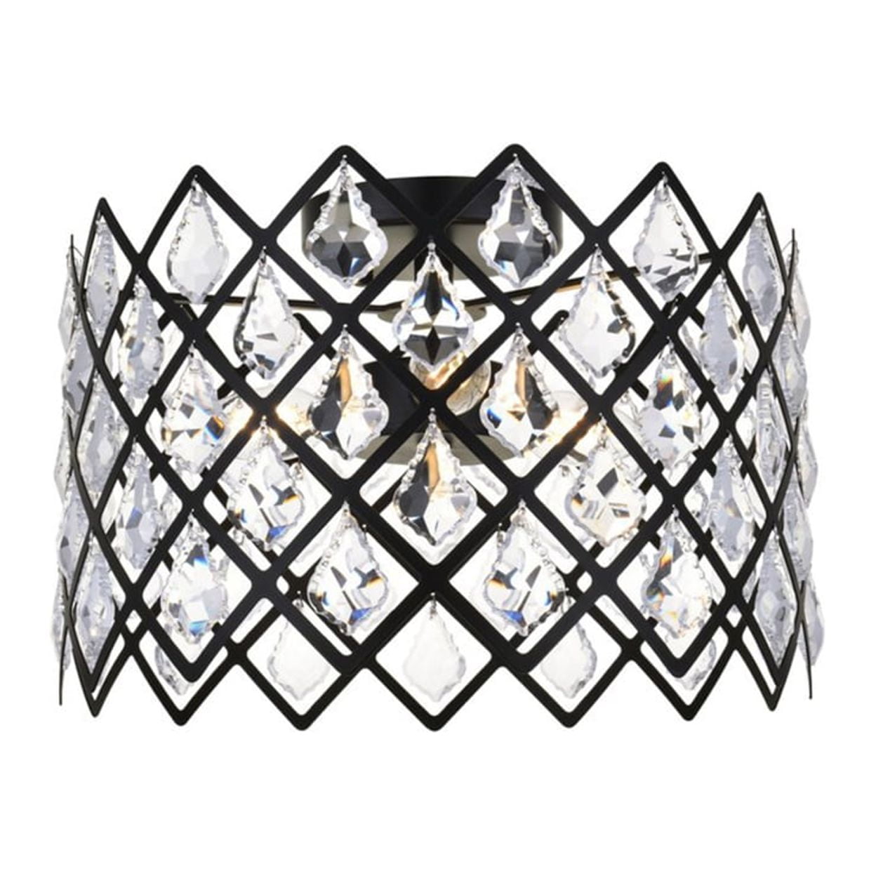 Black Iron and Crystal 13-Inch Flush Mount Light