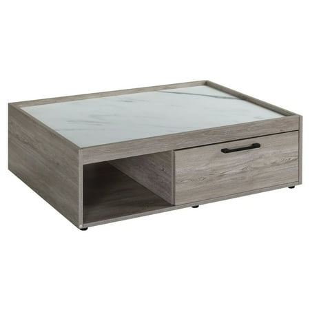 Lyla 39 Inch Wood Coffee Table, Faux Marble Top, 1 Drawer, Gray