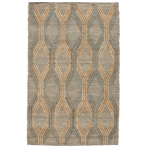 Lyla 5 x 8 Area Rug, Handwoven Jute, Simple Beige and Blue Geometric Design