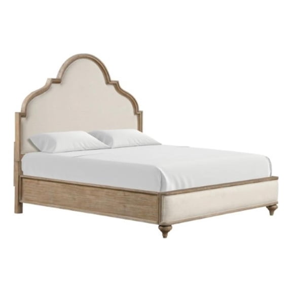 Lyla Queen Bed-Scalloped Ivory Upholstery-Rustic Oak Solid Wood