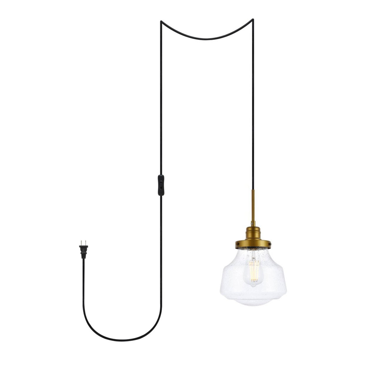 Brass and Clear Seeded Glass Plug-In Pendant Light with Adjustable Cord