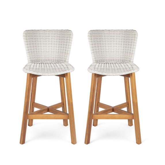 Lymington Outdoor Bar Stool, Teak Finished Wood with Light Grey Wicker, Set of 2