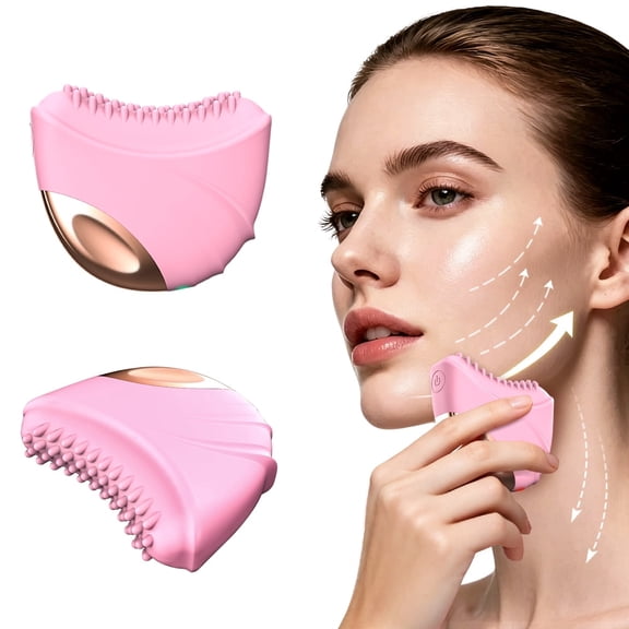 Lymphatic Contour Face Brush, 4 Level Vibration Heating Facial Sculpting Brush, Double Chin Reducer, Contour Face Brush for Lymphatic Drainage, Anti Puffiness & Skin Glow Facial Massage Tool, Pink
