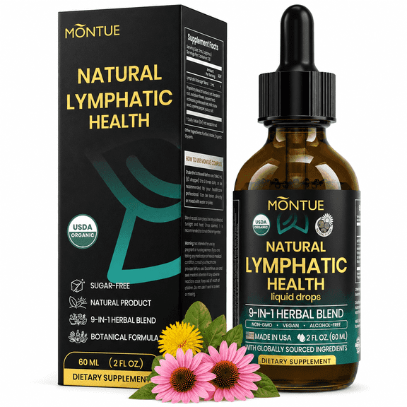 Montue Lymphatic Health Liquid Drops, 1827mg 9-in-1 Herbal Blend with Echinacea, Dandelion, Burdock, Bromelain, Calendula & Turmeric, Vegan, Sugar-Free, 2 Fl Oz, 1 Pack