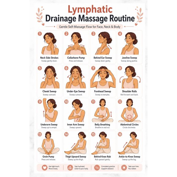 Lymphatic Drainage Unframed poster Self Massage Routine Guide Unframed poster12x18inch, Gentle skincare and circulation exercise chart
