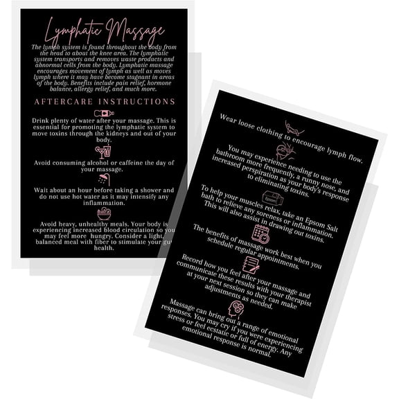 Lymphatic Massage Aftercare Card  30 Pack  Size 4x6" inch Postcard  Black & Rosey Pink Design
