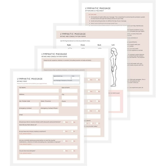 Lymphatic Massage Intake, Consent, and Aftercare Form  100 Pack  8.5 x 11" A1 Forms  Clients Signature  Client Forms Bundle  Tan and White Design