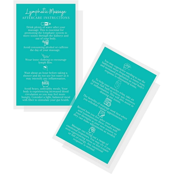 Lymphatic Massage Therapy Aftercare Cards  50 Pack  Size 2x3.5" inch Business Card  Teal Card Design