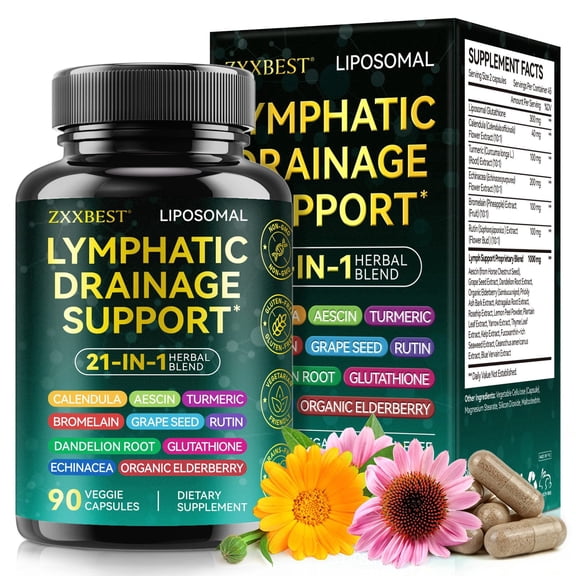 Lymphatic Support Supplement, 21-in-1 Herbal Blend Capsules with Echinacea, Dandelion Root, Burdock Root, Turmeric & Botanical Extracts, 90 Count