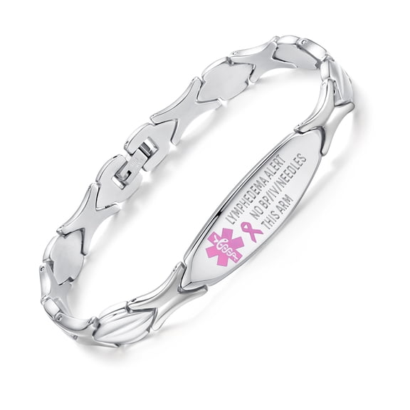 LinnaLove No BP IV Needles This Arm Stainless Steel Lymphedema Alert Medical ID Bracelet, Silver