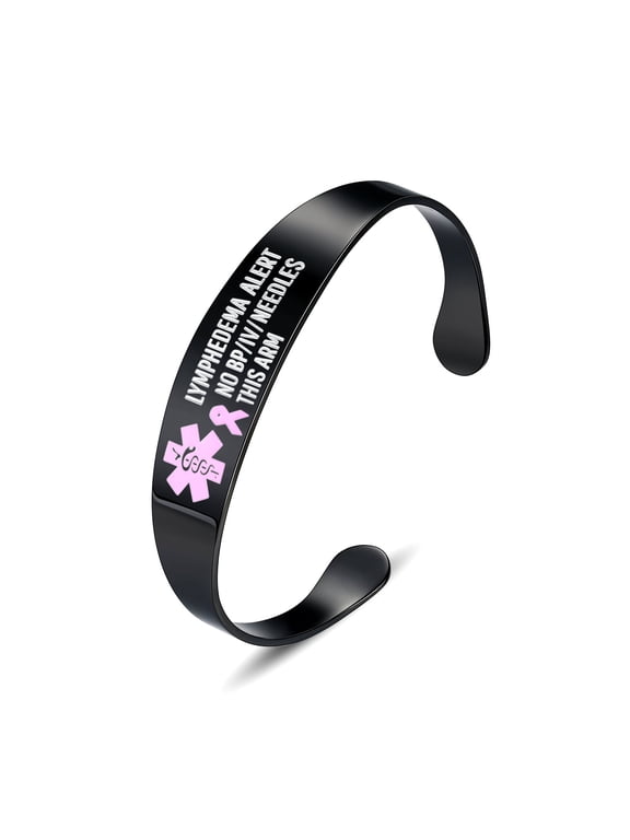 Lymphedema Alert No Needle or BP Bangle Black Stainless Steel Medical id Cuff Bracelets for Women