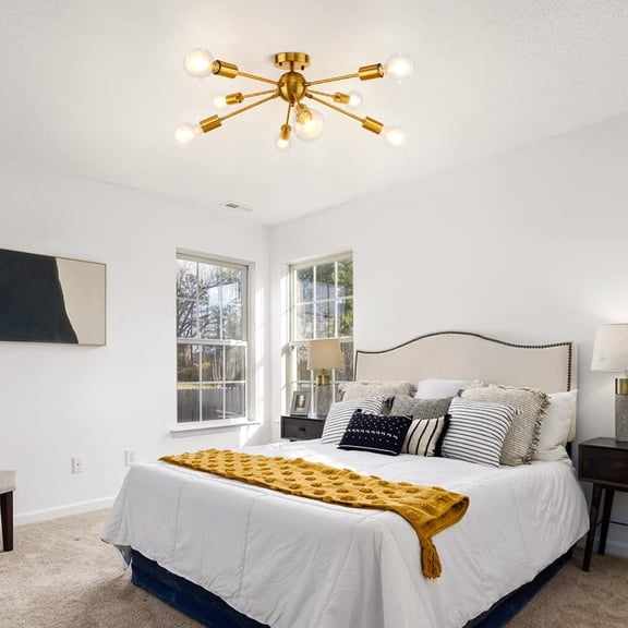 LynPon Gold Ceiling Light Fixture, 8 Lights Plating Golden Sputnik Semi Flush Mount Ceiling Lights, Brass Chandelier Kitchen Mid Century Lighting Fixture for Living Dining Room Bedroom Hallway$$